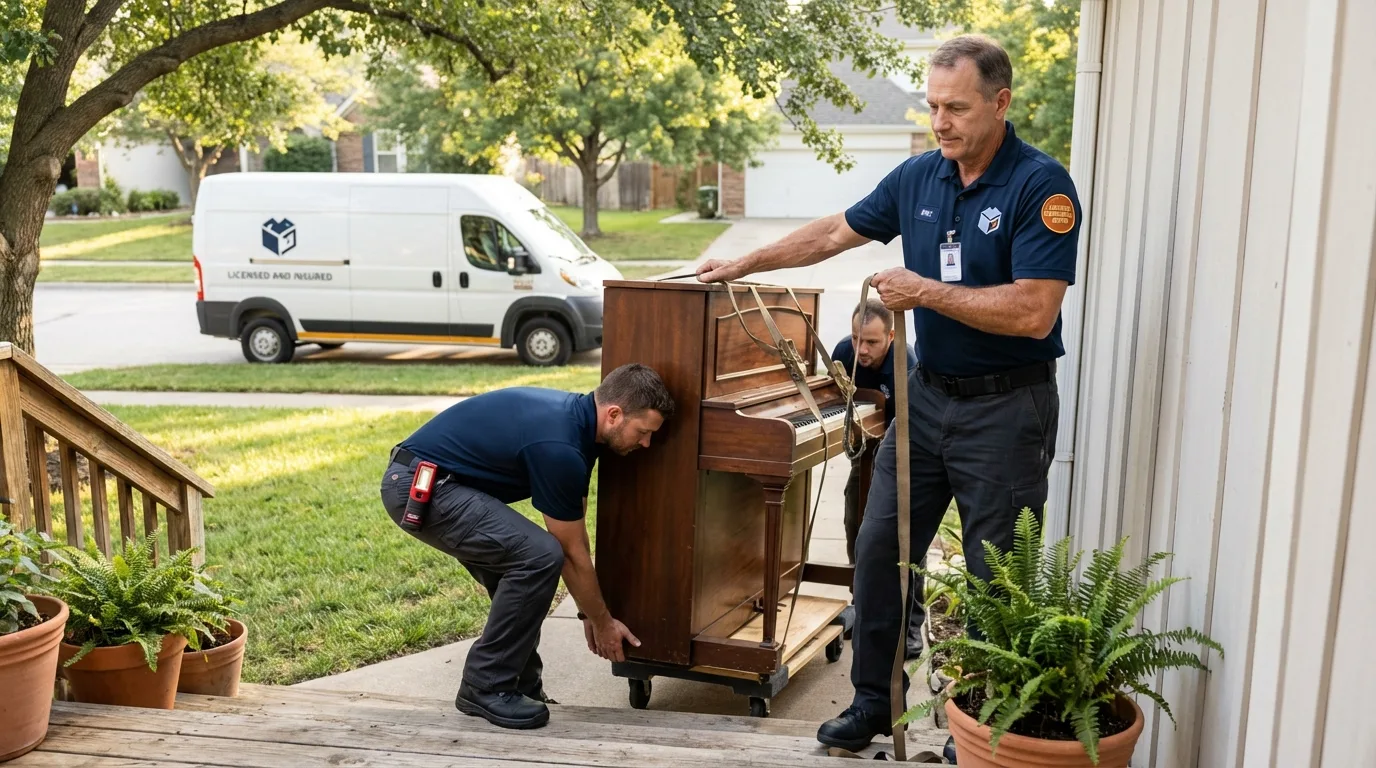 Licensed piano movers securing grand piano in Union Springs, AL