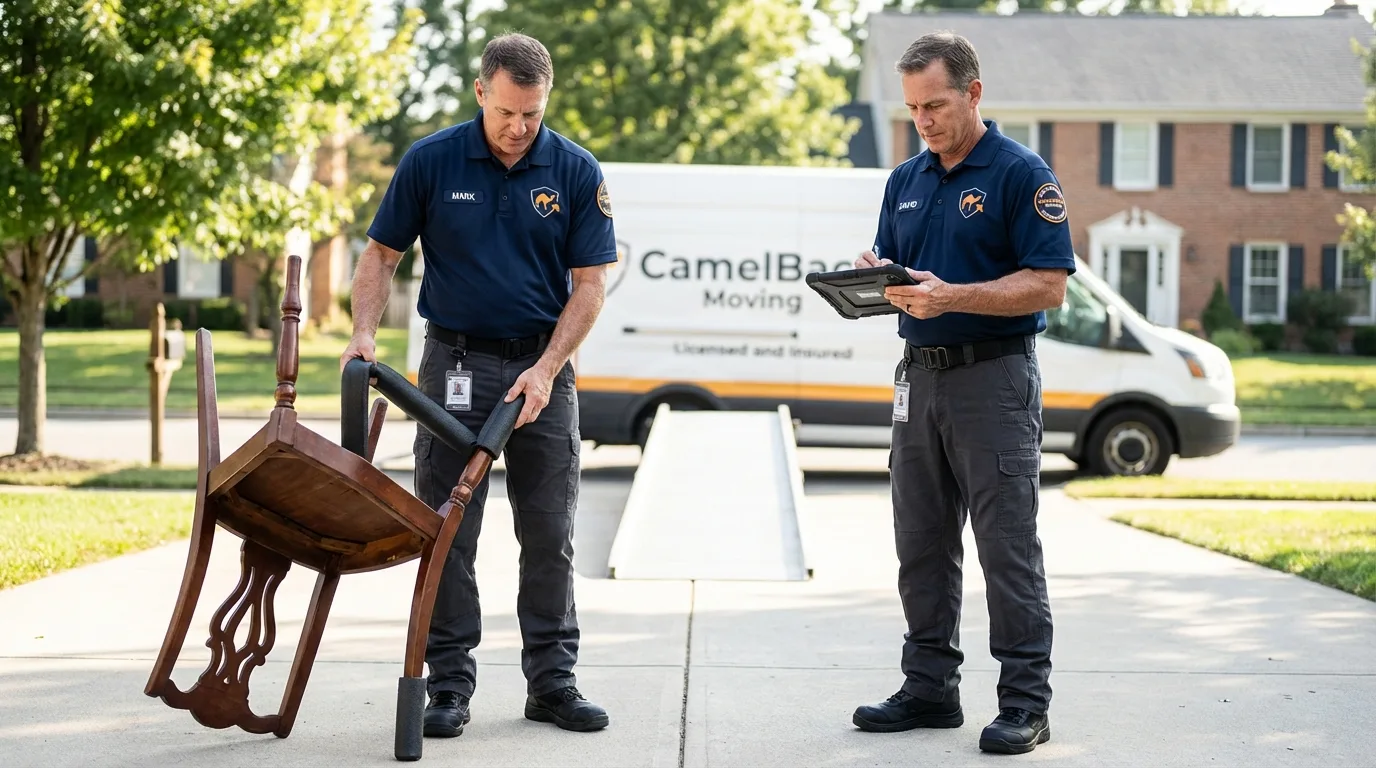 Movers inspecting furniture for damage prevention before loading in Union Springs, AL