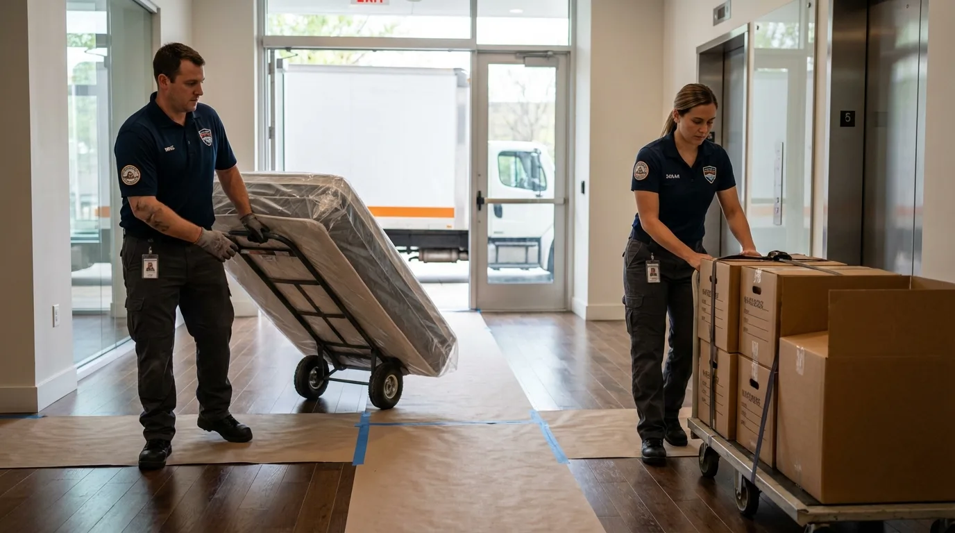 Professional apartment movers loading elevator in Union Springs, AL