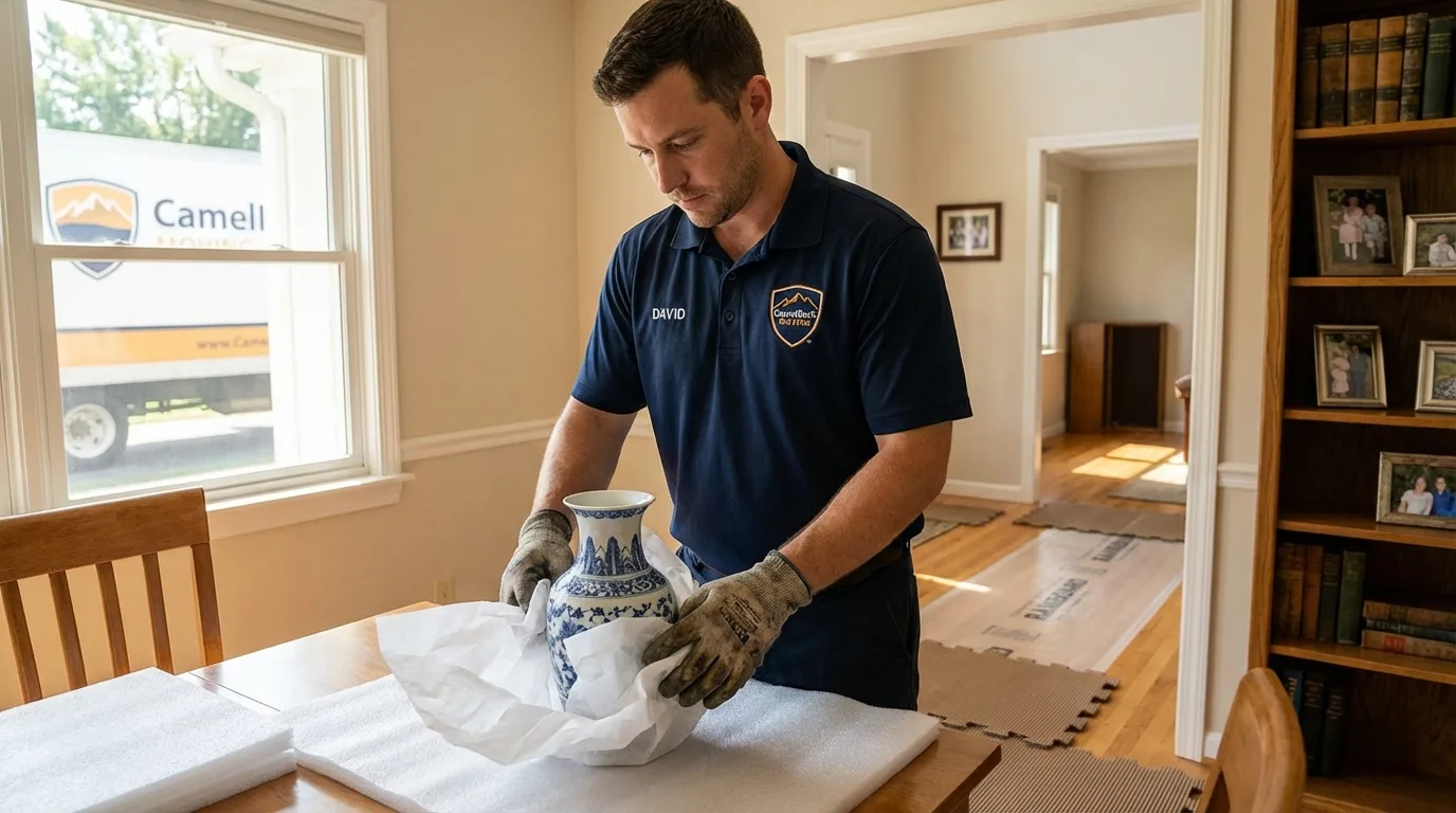 Professional crew carefully wrapping antique vase for senior downsizing move in Union Springs, AL